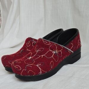 Dansko Red Felt Floral Embroidered Mules